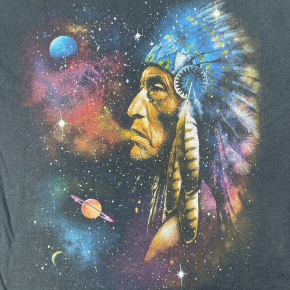 Vintage Native American Chief Galaxy Planet Stars Graphic Black T-Shirt Large - Picture 2 of 6